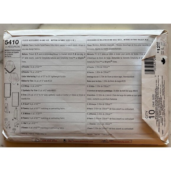Simplicity Pattern 5410 Fleece Accessories Hat Scarf Shawl Wrap & Mittens 3 Szs - Picture 2 of 3